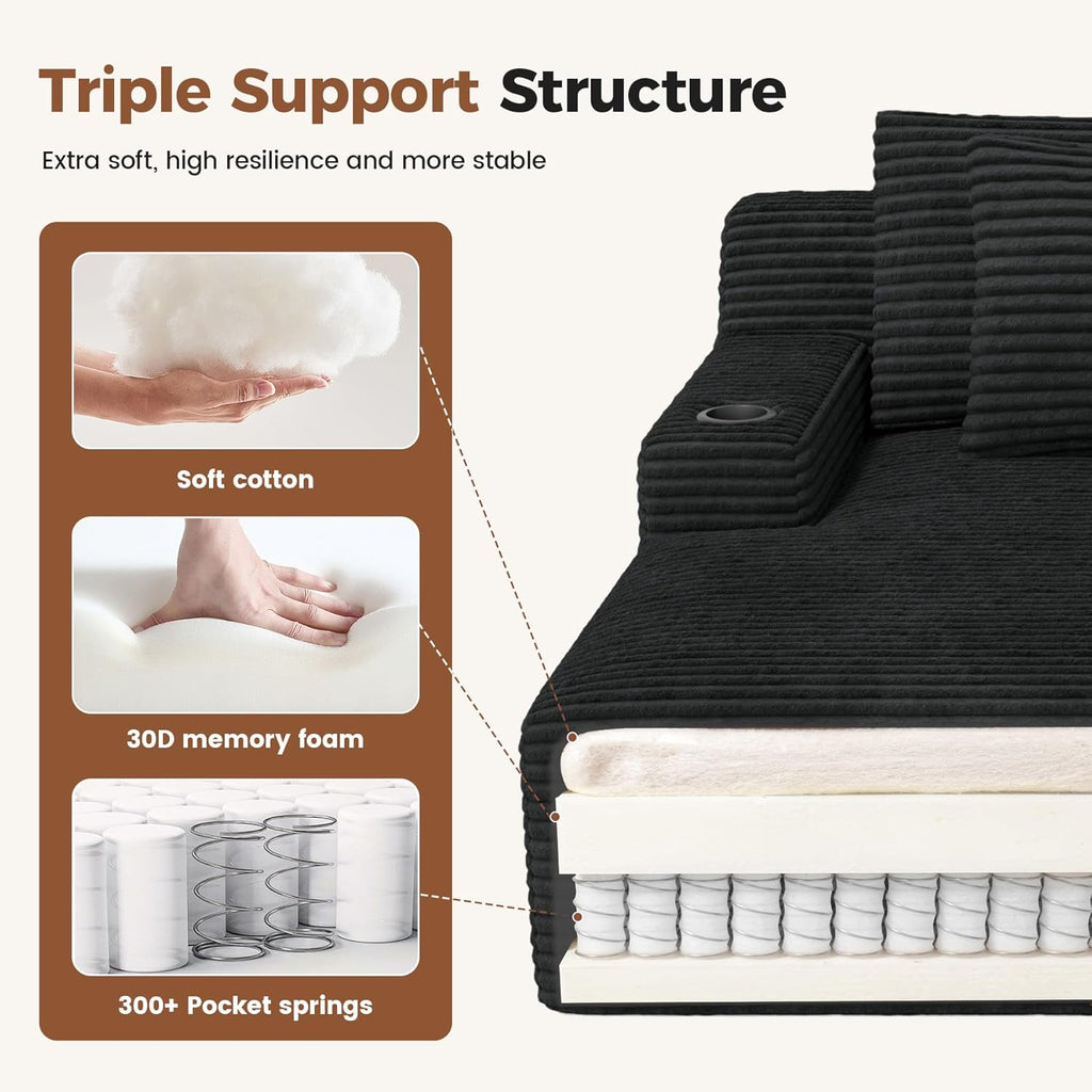 80'' Double Chaise Lounge Chair Indoor, Non-Assembly with Cup Holders 4pcs | Luxanimarion Deep Seat Sofa with Cup Holders Boneless Bed with 4pcs Pillows for Living Room Bedroom, Black- Corduroy