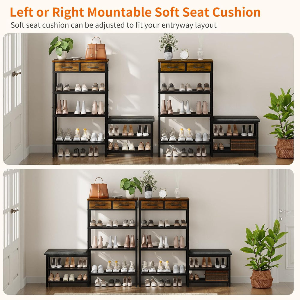 HavenlyYouth Shoe Rack Bench Cushioned with 2 Drawers & 5-Tier Entryway O...