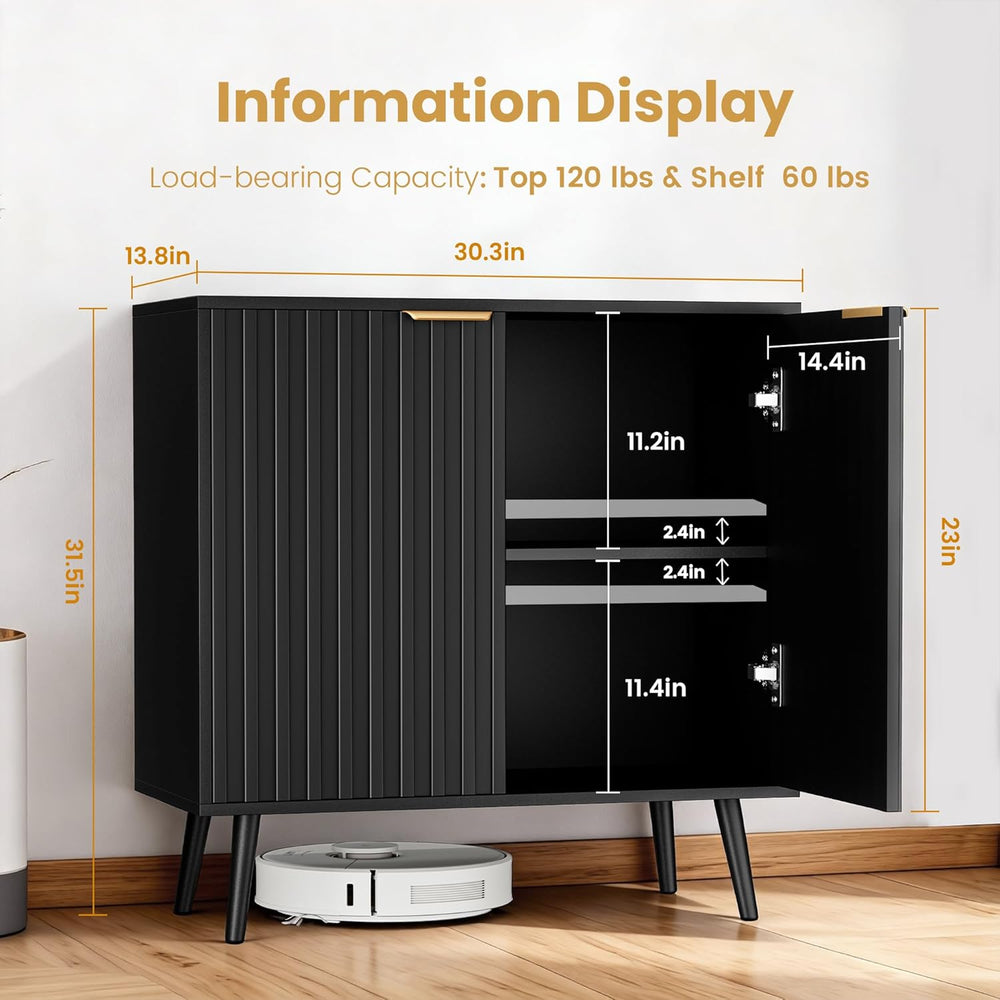 Black Fluted Buffet Cabinet, Free Standing Sideboard with Storage, Wood Accen...