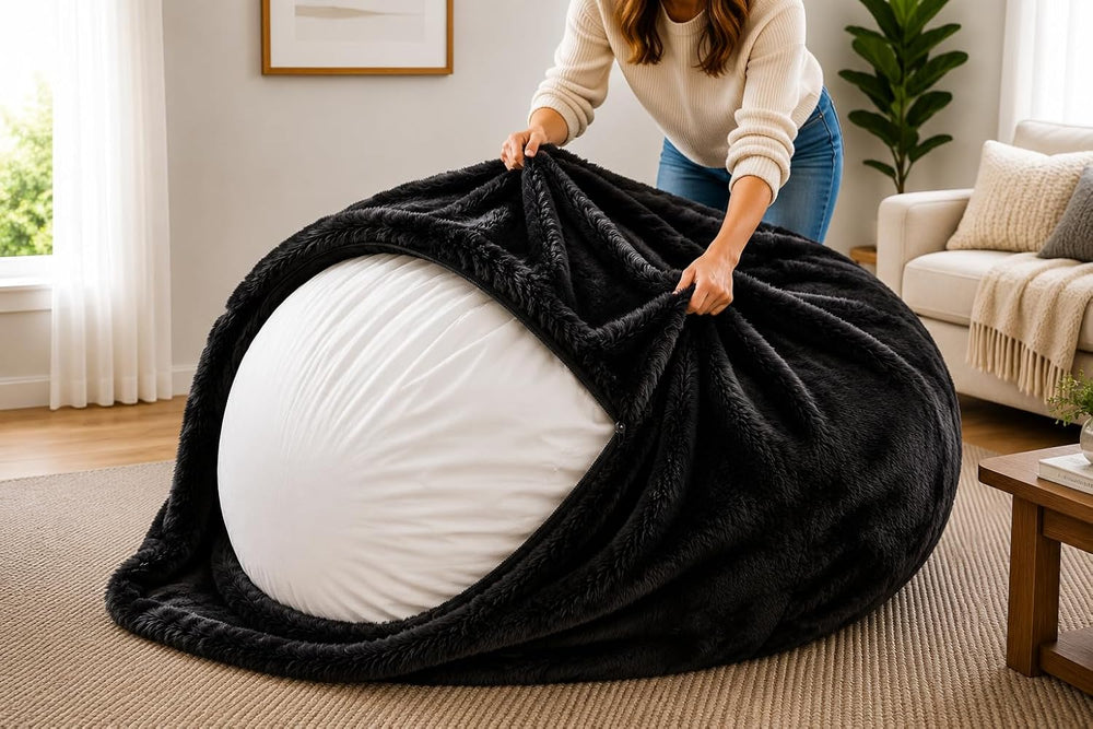 ULTIMATE SACK | 5 Ft Bean Bag Chair Replacement Cover Only | Black Fur | Remo...