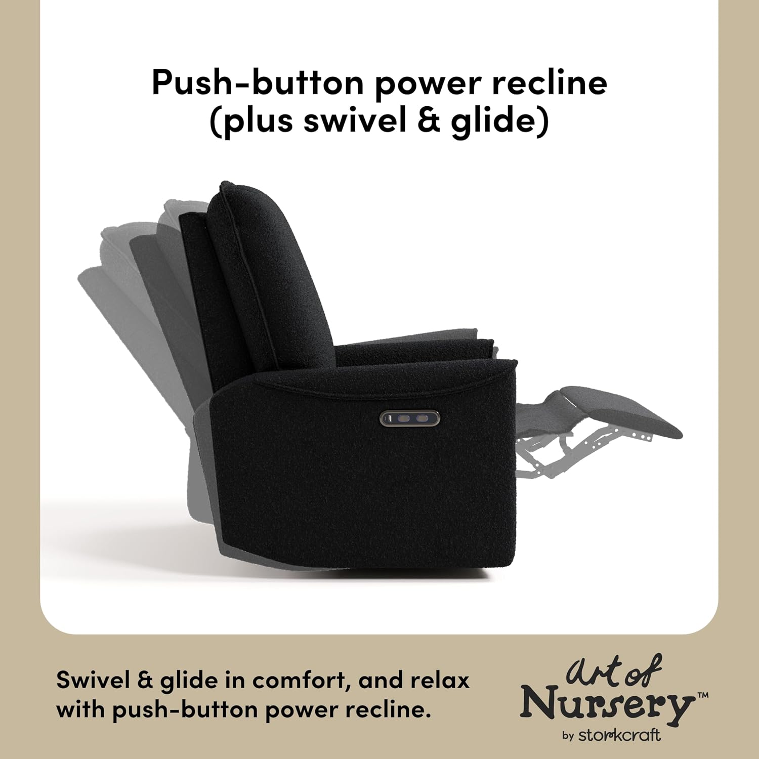 Storkcraft Santos Deluxe Power Recliner Swivel Glider, Black Boucle | Premium Electronic Power Recliner for Nursery, Includes Dual-USB Charging Port with USB-A & USB-C, Glider Rocking Chair
