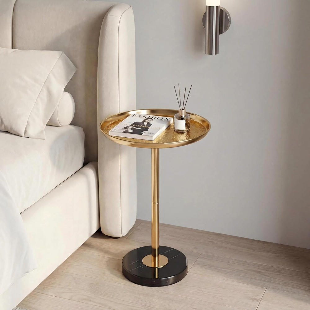 Adjustable Martini Side Table – Small Round Drink Table with Natural Marble B...