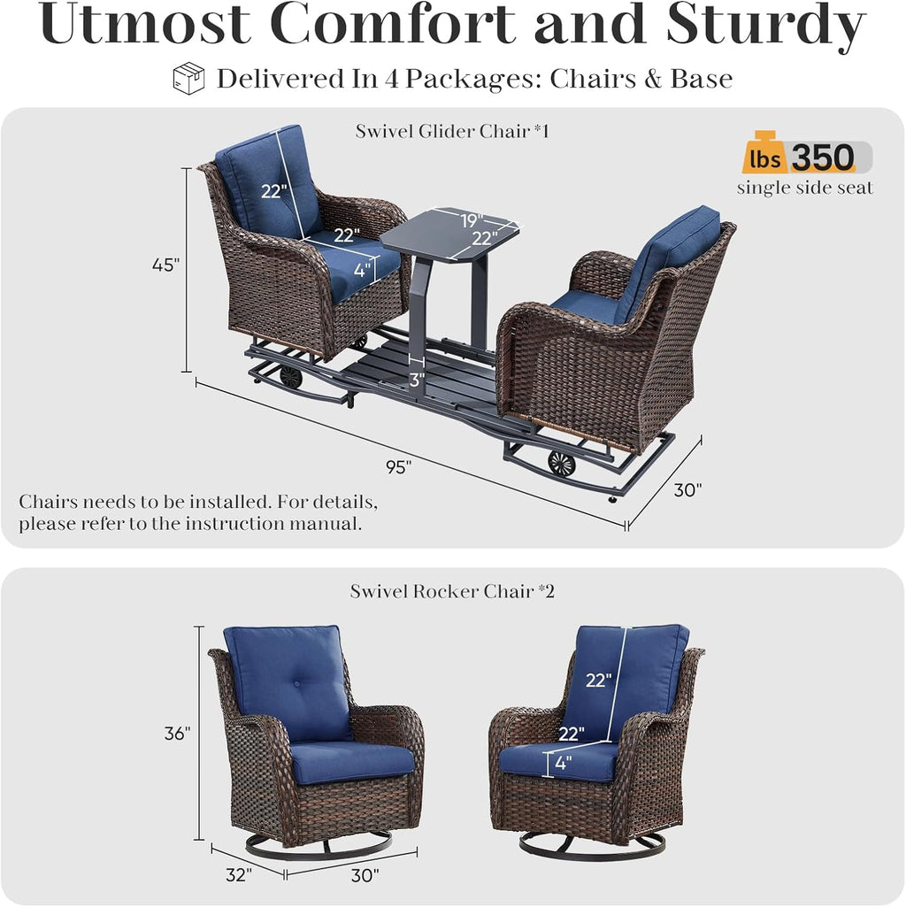 Luxury Outdoor Wicker Glider Rocker Chairs for 4 Person, Outdoor Furniture Sets with 2 Piece Wicker Swivel Rocker Chairs, Rattan Glider Rocker Chairs with Table for 2 Seats Brown/Blue