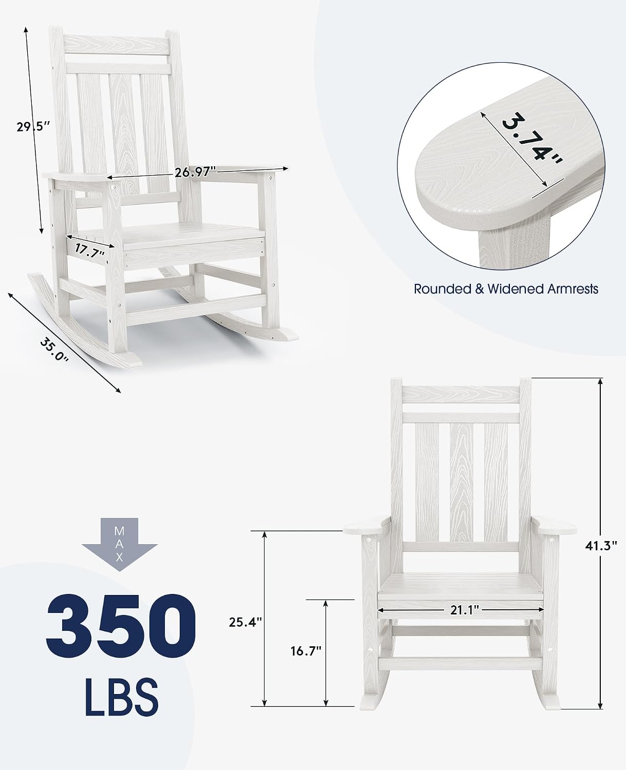 KINGYES Oversized Outdoor Rocking Chair Set of 2, All-Weather Patio Rocking Chairs for Porch, HDPE Outdoor Patio Recliner Rockers with High Back & Wide Seat for Garden, Lawn, White