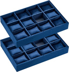 Henoyso 2 Pieces 12 Grid Velvet Watch Tray Jewelry Organizer Stackable Watch Bracelet Bangle Display Holder Adjustable Pillow(Blue)