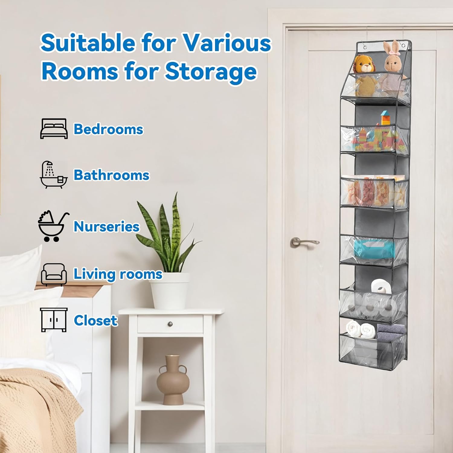 1Pack Over The Door Organizer, Hanging Door Storage Organizer with 6 Large Clear Pockets, Space Saving Behind Door Rack for Bedroom Closet Bathroom Pantry Nursery Office (Grey)