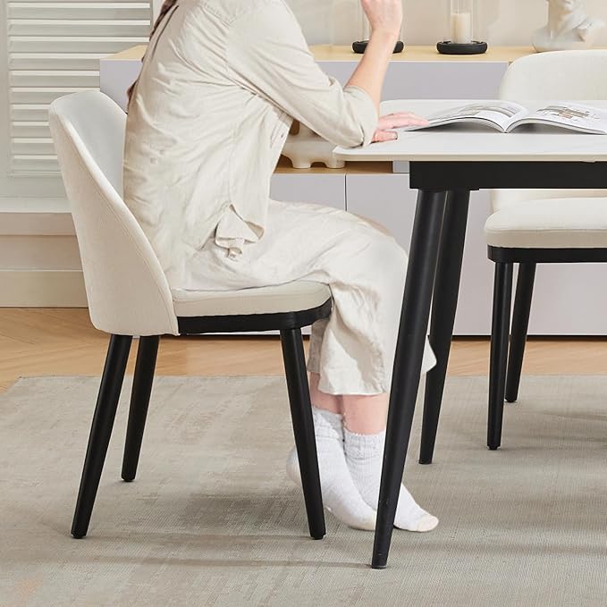 GarveeHome Modern Dining Chair Set of 6, Linen Upholstered Kitchen Chair, Beige Dining Room Chair with Curved Back, Sold Wood Legs