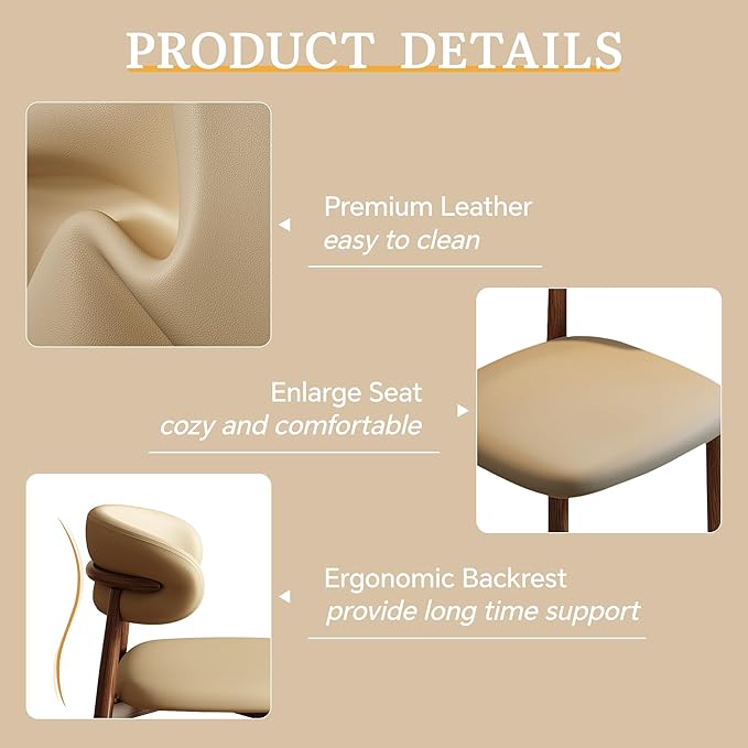 Dining Chairs Set of 4 for Kitchen Dining Table Mid Century Modern Farmhouse Upholstered Leather Dining Room Chairs with Metal Legs, Walnut Khaki