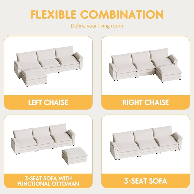 Homall Modular Sectional Sofa, Loveseat Sofa Couch with Reversible Ottoman, DIY Combination Chenille Deep Seat Cloud Couch for Living Room, Apartment (White, L Shaped Sofa)