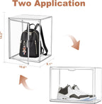 4 Pack Clear Shoe Box Organizer,Size 14 Acrylic Display Cases for Book Cosmetic Figures Collectibles Showcase,X-Large Bag Stackable Plastic Storage Bins with Magnetic Lid