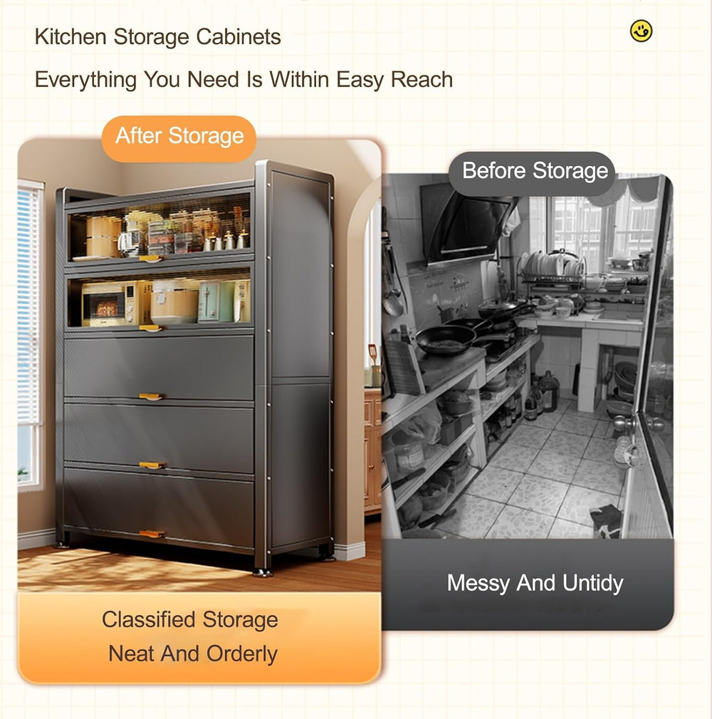 Tall Storage Cabinet with Glass Doors, Kitchen Pantry Cabinet Adjustable Shel...