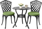 NUU GARDEN 3-Piece Patio Bistro Set Outdoor Cast Aluminum Bistro Table and Chairs Set of 2, Outdoor Patio Bistro Set with Umbrella Hole and Green Cushions for Patio Balcony, Black