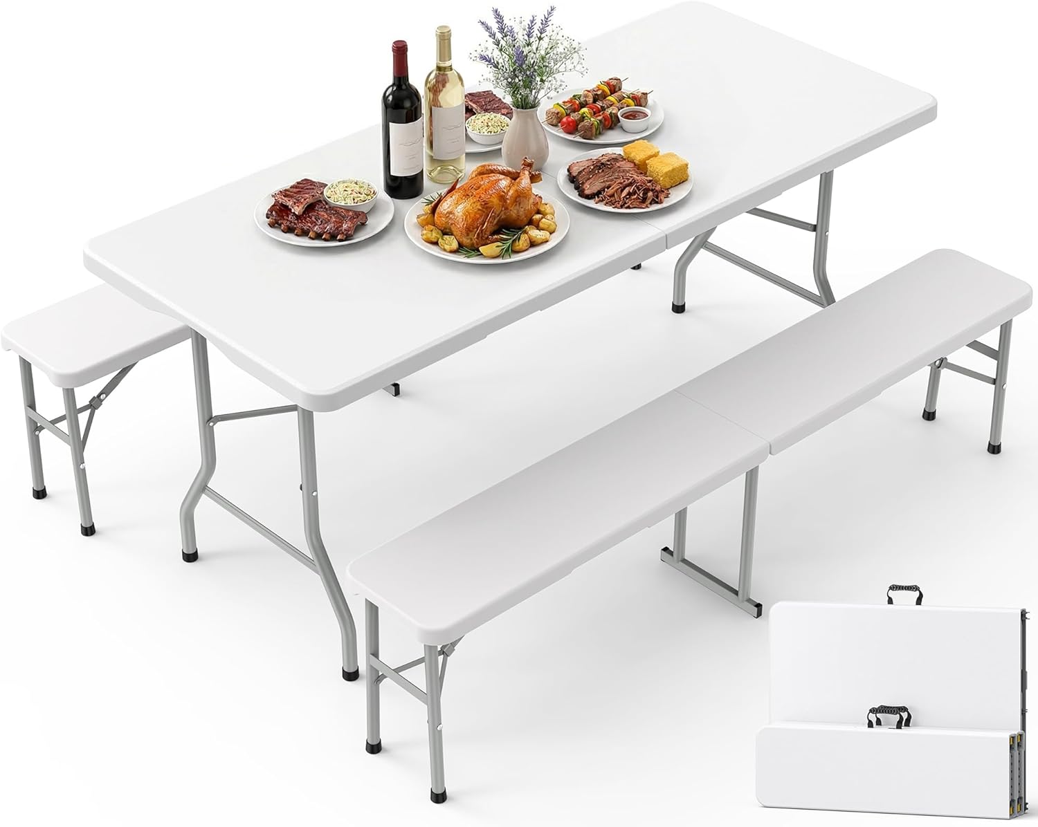 Pureegg Folding Table and Chairs Set - Sturdy 6FT Folding Table with 2 Chairs, No Assembly Required, Portable Camping Table with Carry Handle for Dining, Party, White