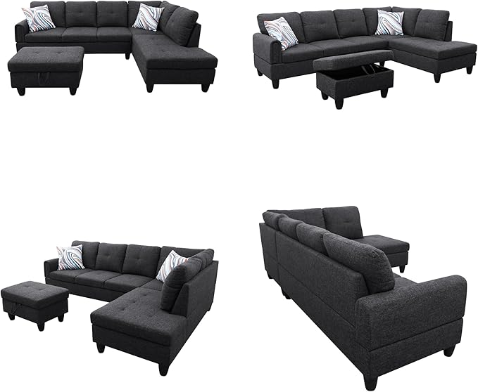 Sectional Couches for Living Room with Movable Chaise & Storage Ottoman - 97.5" Linen L Shaped Couches for Living Room Apartment, 4 Seat Home Furniture Modular Sectional Sofas, Black Grey