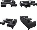 Sectional Couches for Living Room with Movable Chaise & Storage Ottoman - 97.5" Linen L Shaped Couches for Living Room Apartment, 4 Seat Home Furniture Modular Sectional Sofas, Black Grey