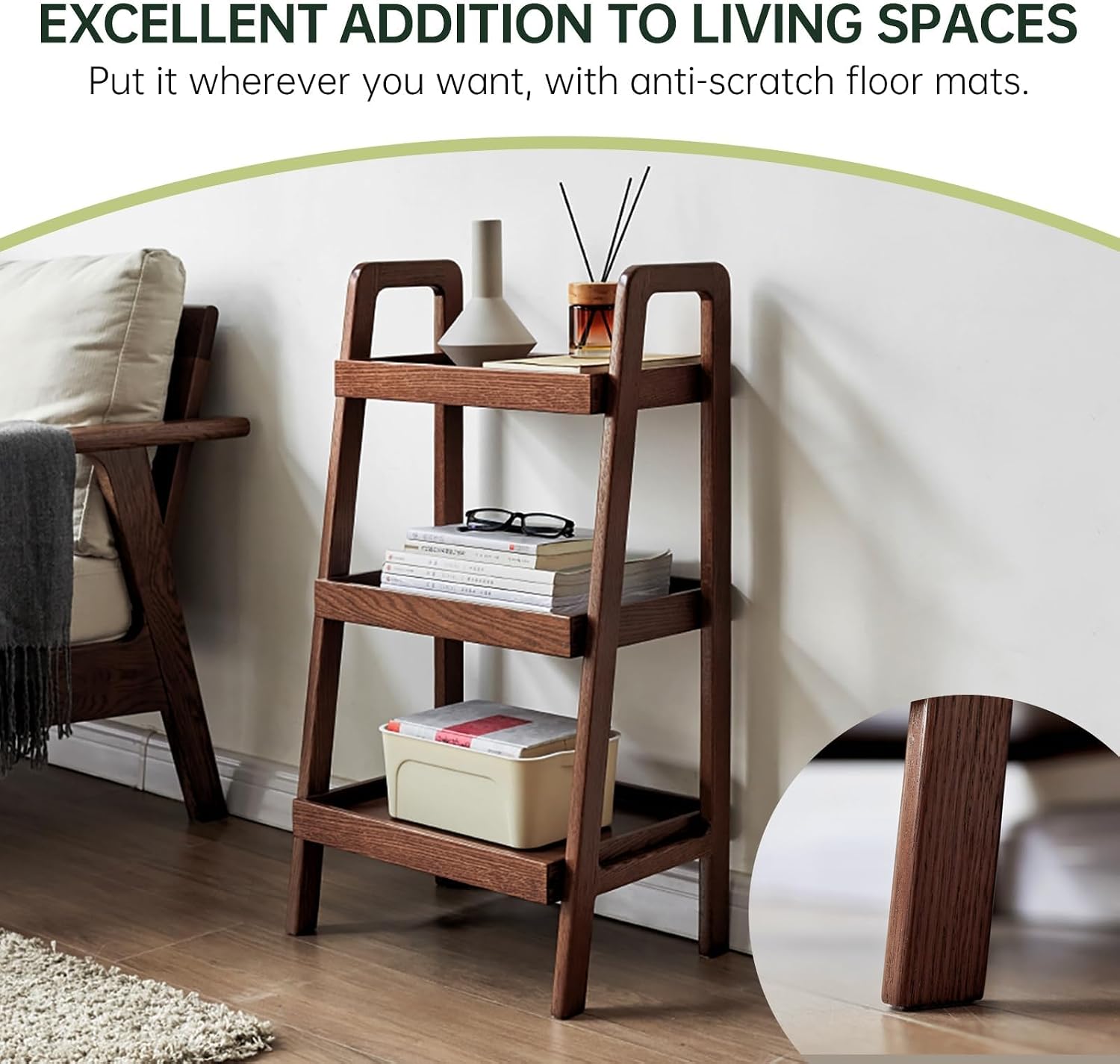 100% Solid Oak 3 Tier Ladder Shelf for Saving Space, Small Bookshelf with Stable Frame, Free Standing Ladder Shelves for Living Room Bedroom Couch, (Walnut, 17.72" W x 12.6" L x 31.5" H)