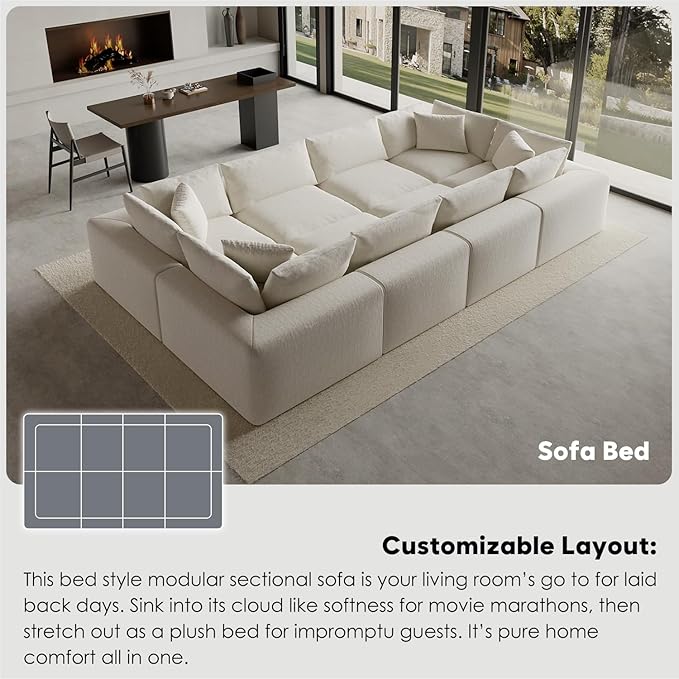 189" Oversized Boneless Cloud Couch, Modular Sectional Couches for Living Room, L-Shaped with Deep Seats, No Assembly Required, 8-Seater Washable Fabric Sleeper Sofa, White