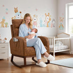 GarveeHome Leather Glider Chair, Modern Rocking Chair, Nursery Faux Leather Glider Chair with Rubber Wood Legs and Side Pocket, Rocking Accent Armchair for Living Room, Bedroom, Brown