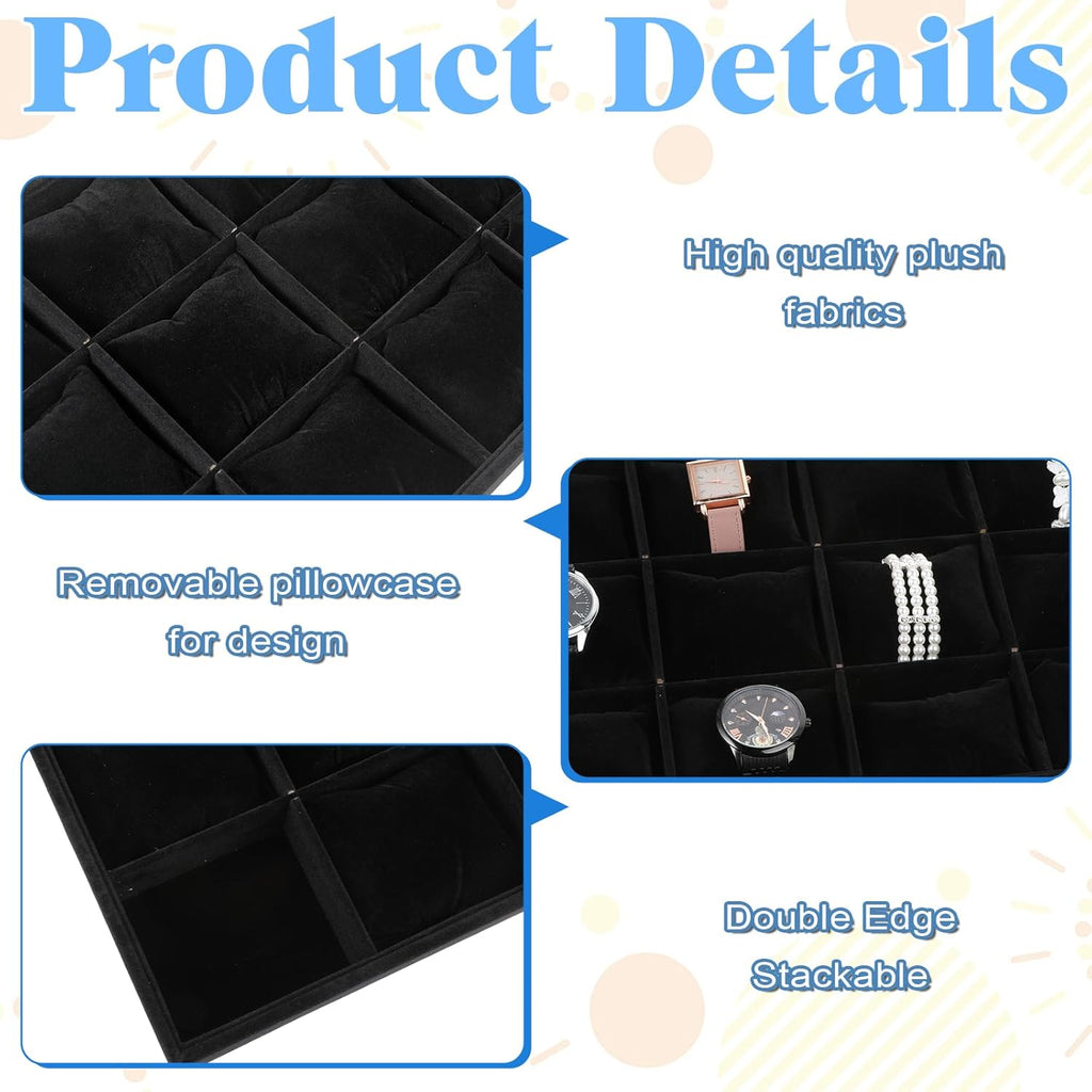 2 PCS Watch Holder Organizer for Men,12 Grid Watches Storage Box with Adjustable Bracelet Pillow, Boxwood Stackable Jewelry Trays, Watch Display for Selling, Women and Men -Black