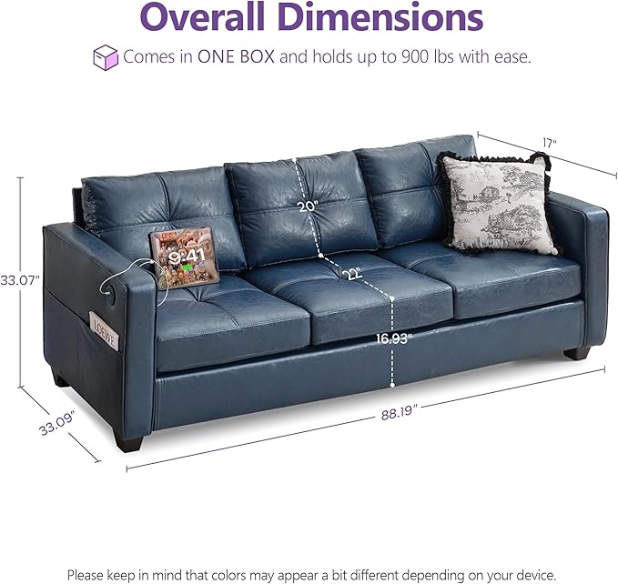 TYBOATLE 88" W Faux Leather Couch w/Side Pockets, Mid-Century Modern Tufted Comfy Leather Couches w/USB and Wider Arms, 3 Seater Sofa for Office, Apartment, Bedroom, Blue