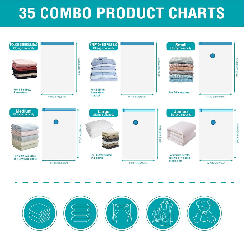 35 Pack Space Saver Bags (5 Jumbo/6 Large/6 Medium/6 Small/6 Roll-M/6 Roll-S) Compression Storage Bags for Comforters and Blankets, Vacuum Sealer Bags for Clothes Storage, Hand Pump Included