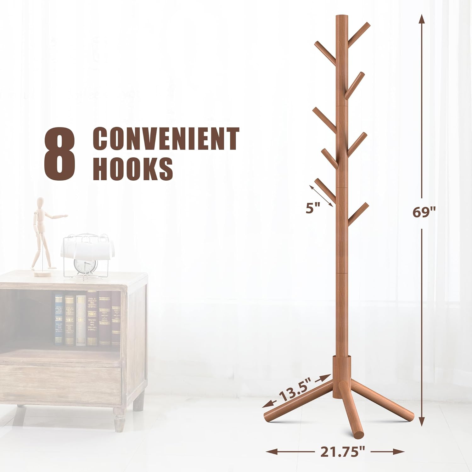 Haddockway Wooden Coat Rack Stand with 8 Hooks New Zealand Pine 3 Adjustable Coat Standing Tree Easy Assembly for Coats, Hats, Scarves and Handbags for Entryway, Hallway, Bedroom, Office