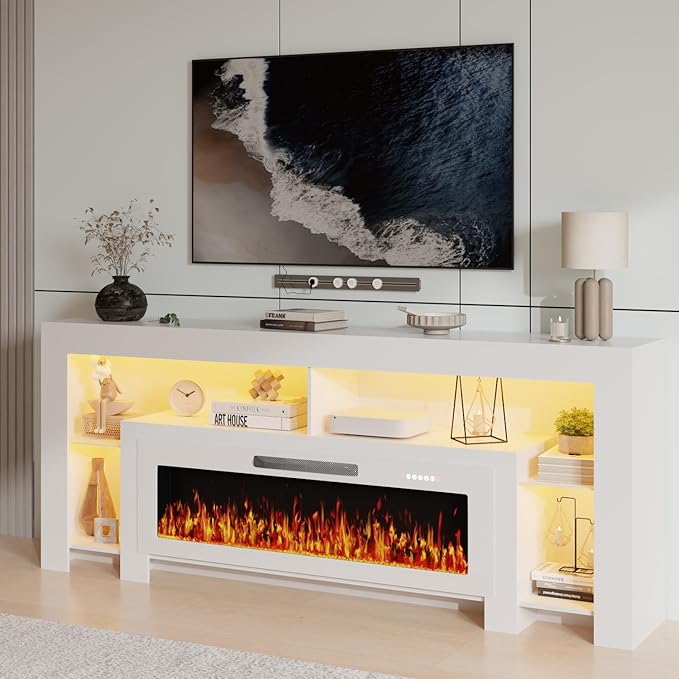 LEMBERI 80 inch Fireplace tv Stand with 50 inch Fireplace Up to 90" TVs,LED Light Entertainment Center and Storage, Modern Wood Media TV Console for Living Room