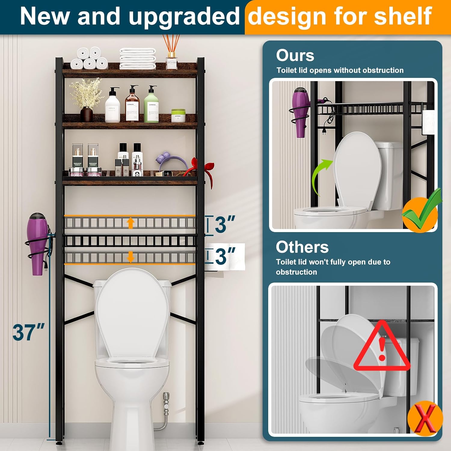 Over The Toilet Storage Cabinet,4 Tier Bathroom Organizers and Storage With Adjustable Shelf Waterproof Feet Pad and Basket ,Multifunctional Space Saver Freestanding Bathroom Shelves With Dividers
