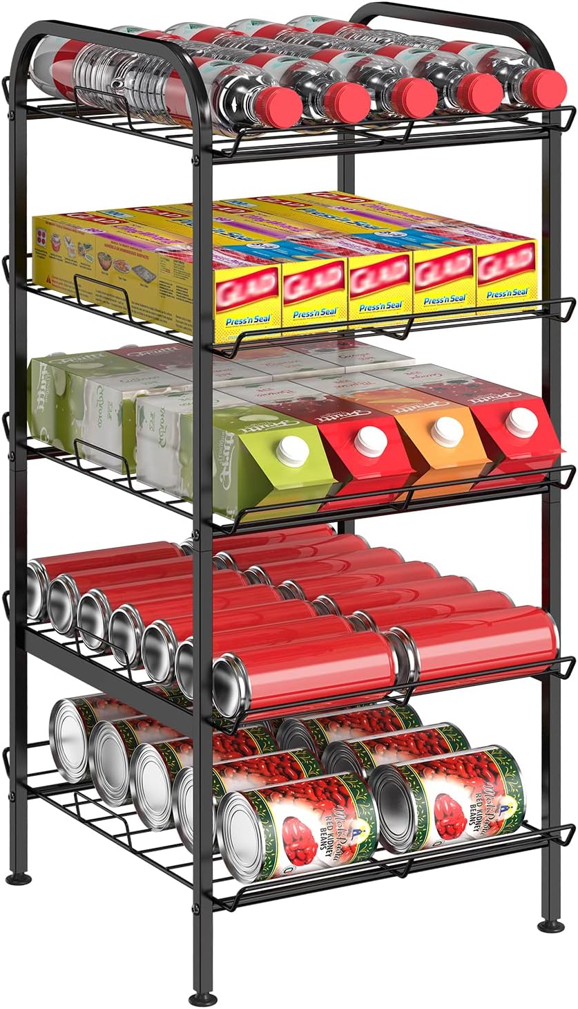 Water Bottle Organizer 5 Tier FreeStanding Water Bottle Storage Shelf Adjustable Water Bottle Holder Stand Metal Beverage Can Rack for Pantry Kitchen Party Black