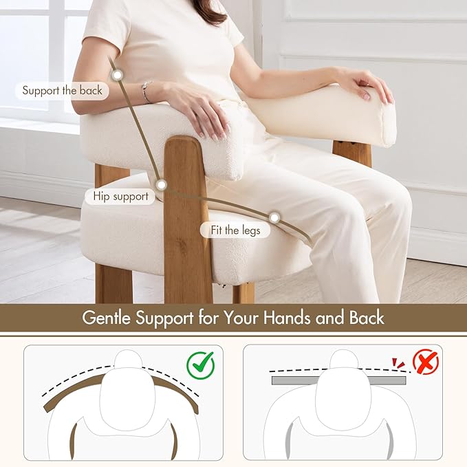 Set of 4 Modern Boho Barrel Dining Chairs with Wood Legs, White Upholstered Accent Armchairs with Thick Padded Cushion for Kitchen, Minimalist Natural Chic Chairs for Living Room