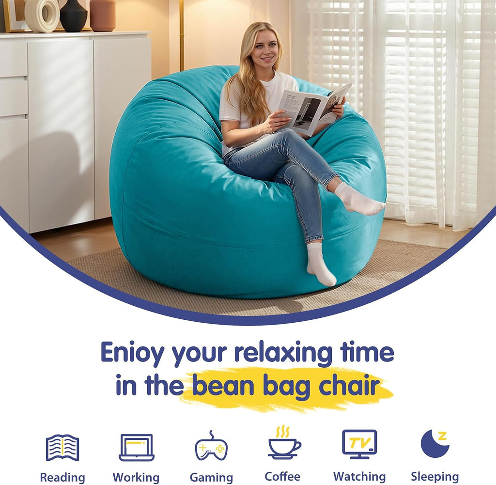3FT Bean Bag Chairs,Comfy Beanbags Giant Bean Bags Chairs with Memory Foam Filling,Beanbag Chairs for Adults,Machine Washable Cover,Lazy Sofa for Gamming Room,Living Room & Bedroom,Sea Blue