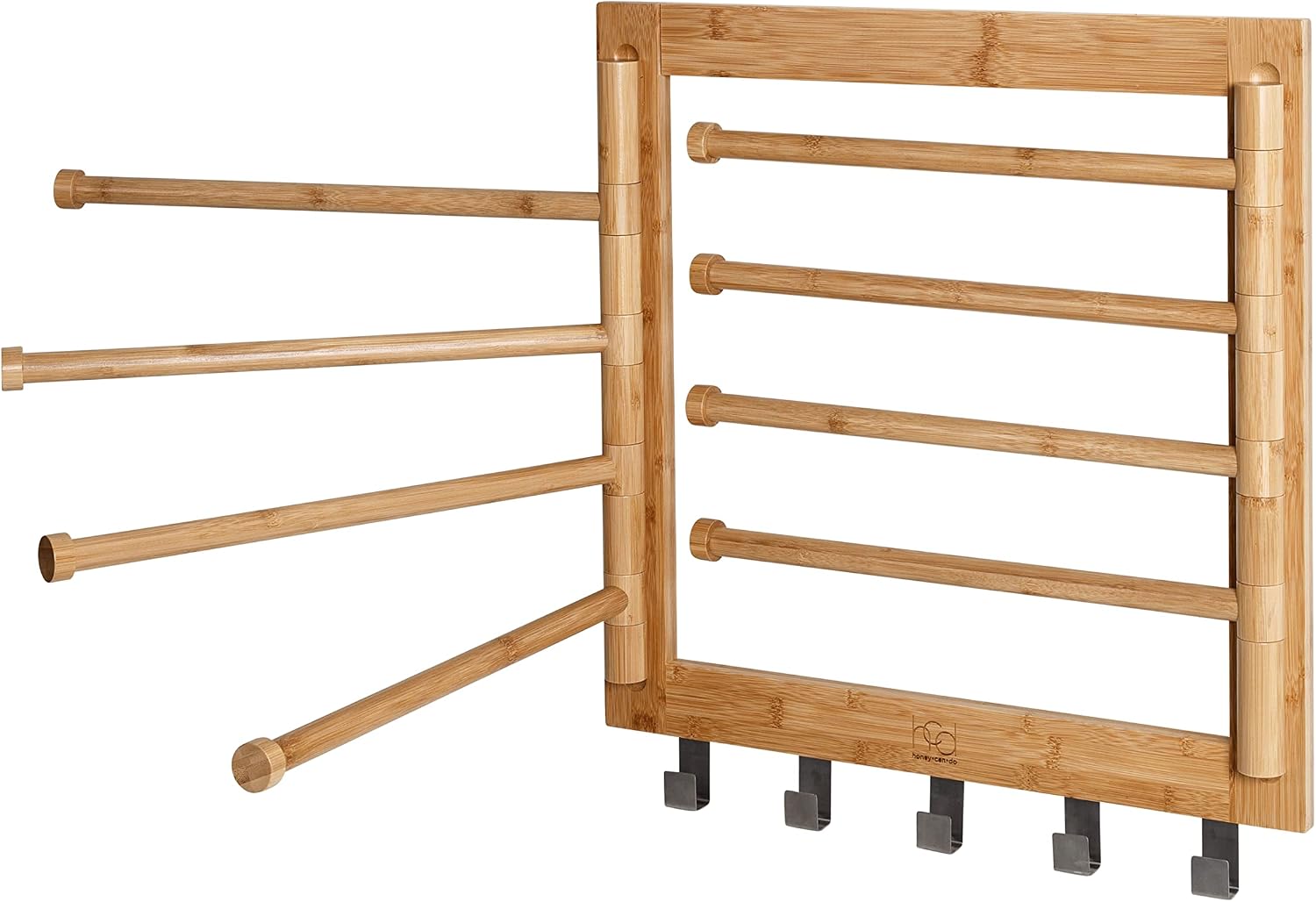 Honey-Can-Do Bamboo Wall-Mount Swivel-Arm Drying Rack, 80 lb, Natural | Wall-mount bamboo rack with 8 swivel arms holds 80 lb; folds to 1.7 in deep. Ships assembled with 5 steel hooks.
