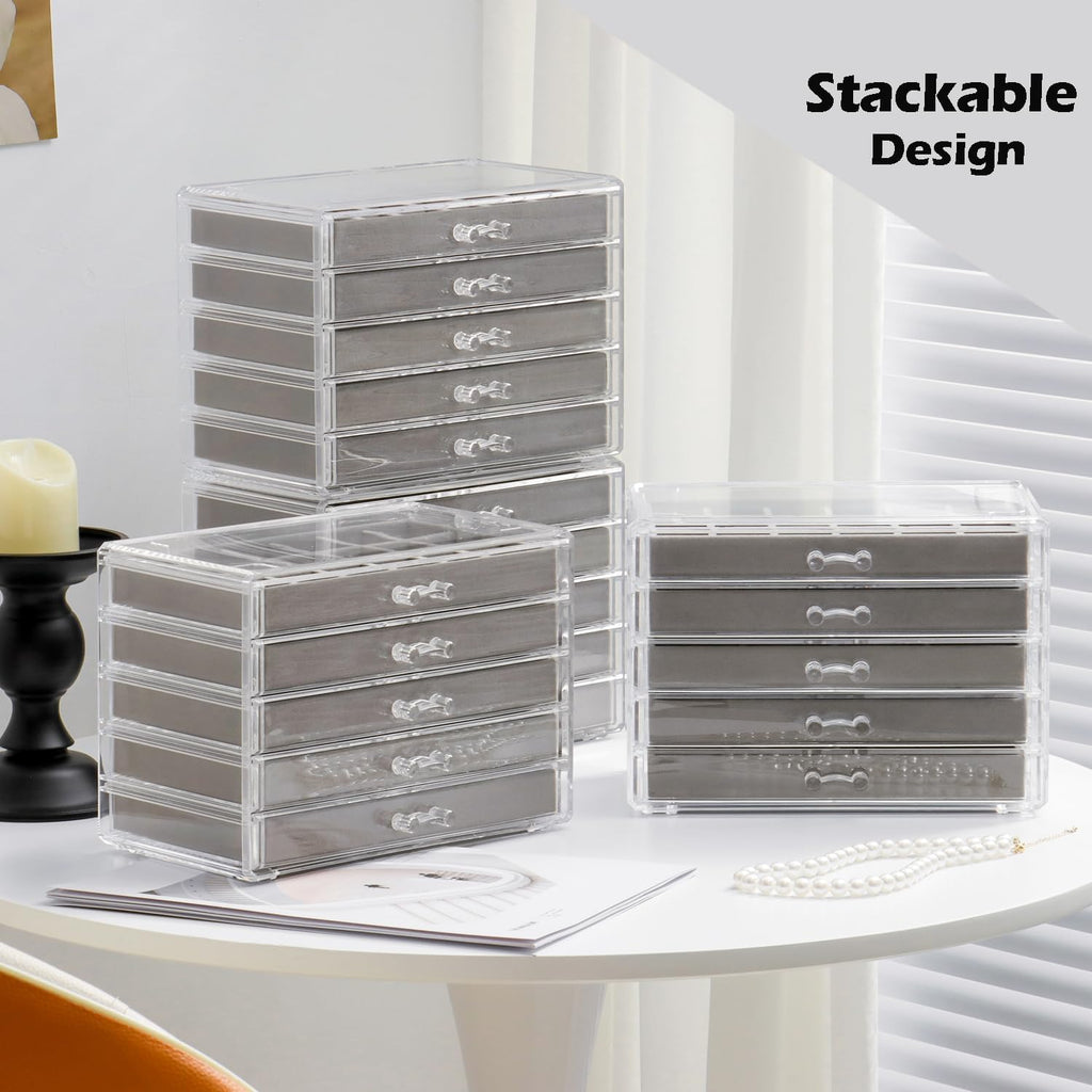 YUFONG Jewelry Organizer with 5 Drawers Clear Acrylic Earring Display Case Velvet Jewelry Storage Box Display Holder for Earring Ring Bracelet Necklace (Gray, 27 Grids)