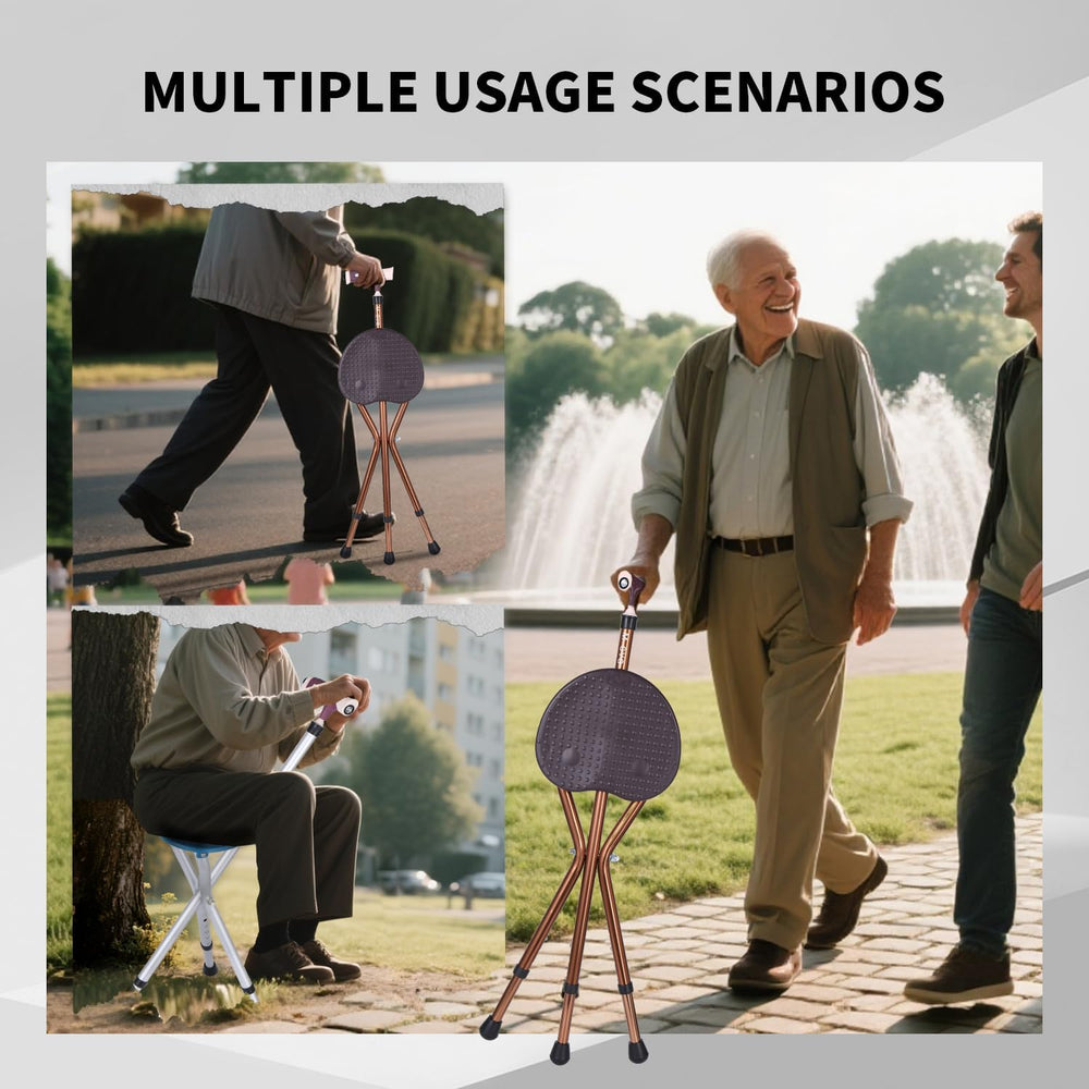 Folding Stool with LED Light, Adjustable Walking Cane Seat, Portable Tripod C...