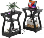 Black End Table Set of 2 with Charging Station, Side Table with USB Ports and Outlets, Black Nightstand, 3 Tier End Table with Storage Shelf for Living Room, Bedroom