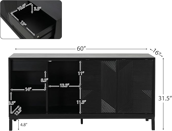 Merax Modern Geometric Accent Cabinet, Vertical Striped Design Sideboard Buffet with Two Drawers, Sliding Doors, Wood Veneer Top, Minimalist Storage Cabinet for Study, Entryway and Living Room, Black