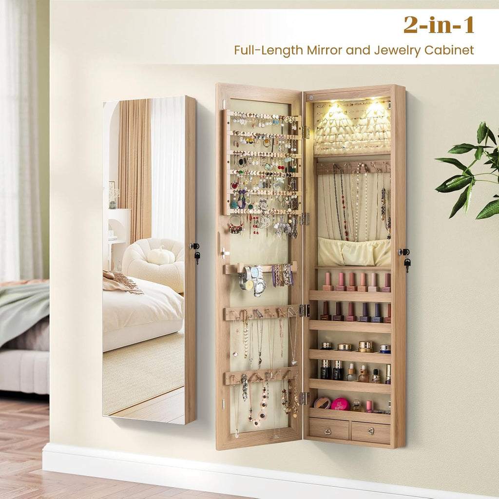 NAFORT 2 LEDs Full Length Mirror with Jewelry Armoire, Jewelry Organizers and Storage with 2 Mounting Options, 47.5”H Jewelry Cabinet with 2 Drawers, Make up & Lockable Jewelry Box, Natural Wood