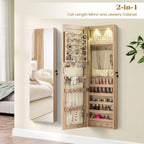 NAFORT 2 LEDs Full Length Mirror with Jewelry Armoire, Jewelry Organizers and Storage with 2 Mounting Options, 47.5”H Jewelry Cabinet with 2 Drawers, Make up & Lockable Jewelry Box, Natural Wood