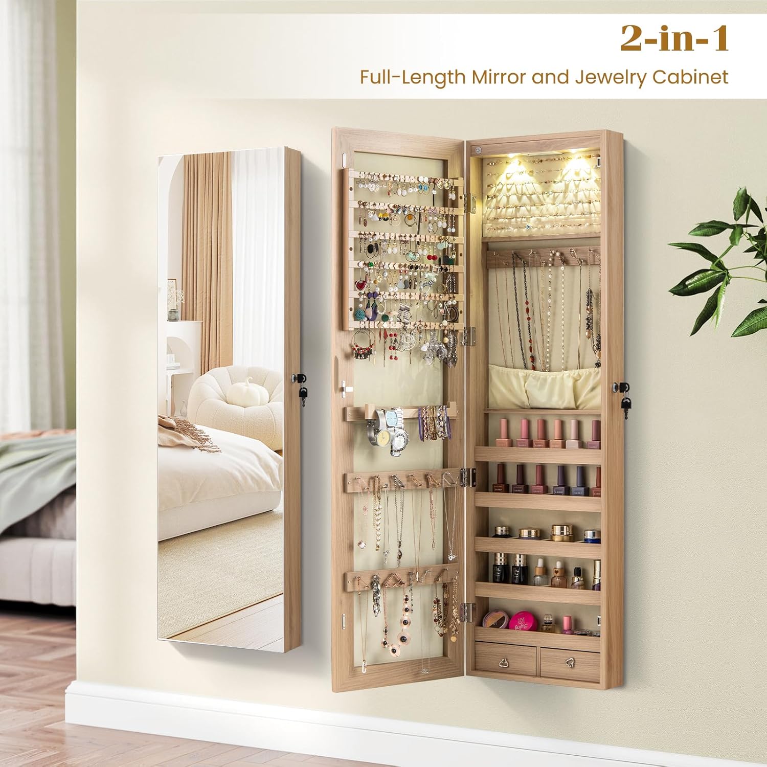 NAFORT 2 LEDs Full Length Mirror with Jewelry Armoire, Jewelry Organizers and Storage with 2 Mounting Options, 47.5”H Jewelry Cabinet with 2 Drawers, Make up & Lockable Jewelry Box, Natural Wood