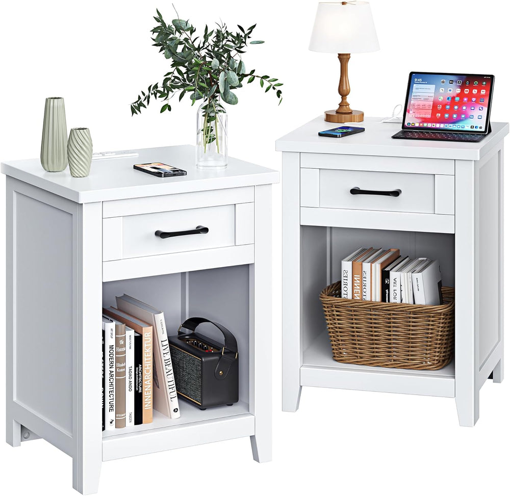 Decofy Farmhouse Nightstand with Charging Station & Large Storage, Set of...