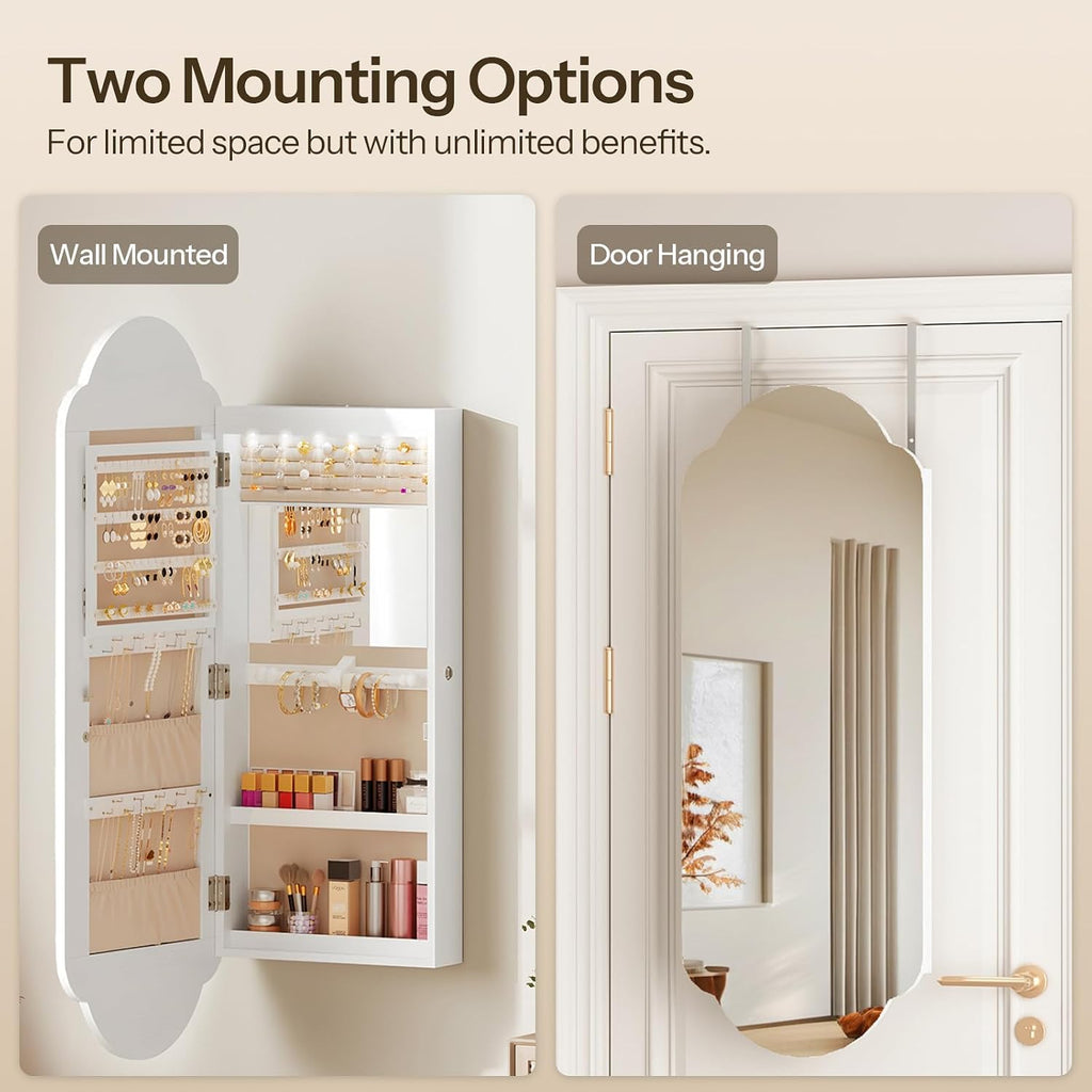 HOOBRO Jewelry Cabinet Wall/Door Mounted, LED Jewelry Organizer, Lockable | Jewelry Armoire, Hanging Jewelry Cabinet with Storage, Wide Full Length Mirror, 4.1 x 16.5 x 42.5 Inches, White