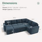 HONBAY Modular Sectional Sleeper Sofa with Pull Out Bed, Corduroy Couch with Storage, U Shaped Sectional Couches for Living Room, Blue
