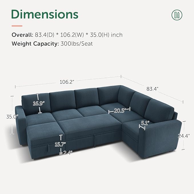HONBAY Modular Sectional Sleeper Sofa with Pull Out Bed, Corduroy Couch with Storage, U Shaped Sectional Couches for Living Room, Blue