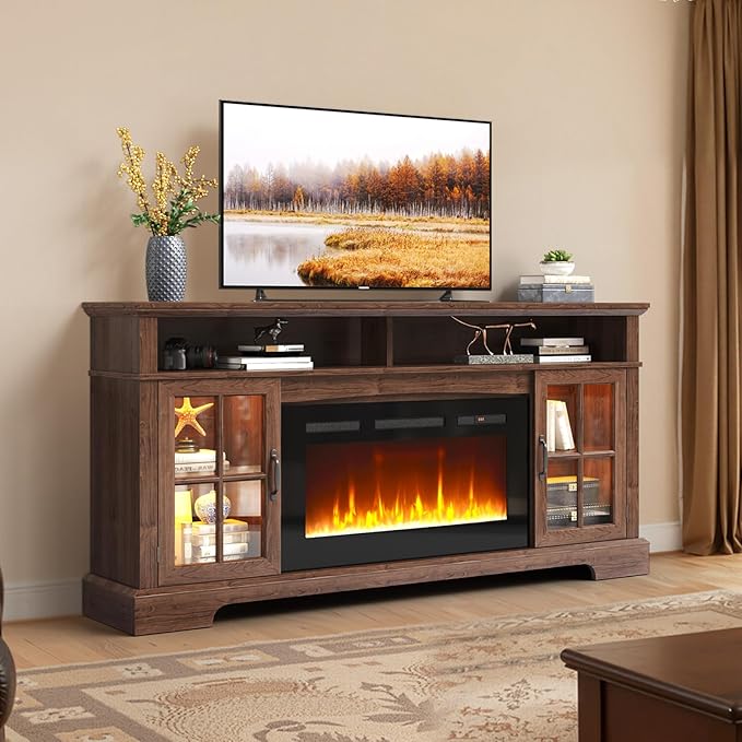 70" TV Stand with Electric Fireplace, Modern Entertainment Center for TVs Up to 80 Inches, Farmhouse Media Console with Storage Cabinets & Doors for Living Room, Brown and Black