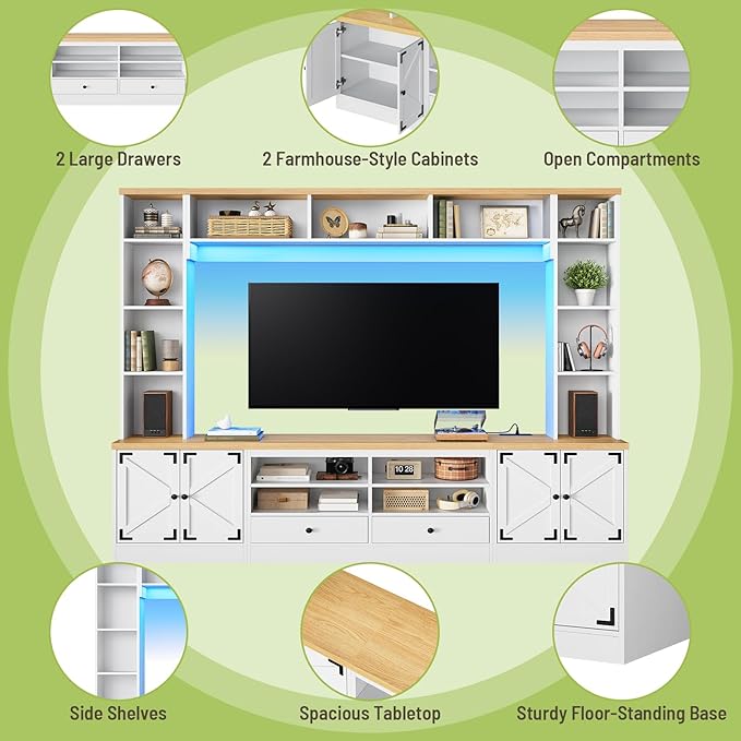 94.5" Wall Unit Entertainment Center with Doors, Farmhouse TV Stand with Bookshelves, Storage Cabinet, Fits TVs up to 78", Large Media Console with LED Light and Power Outlet, for Living Room