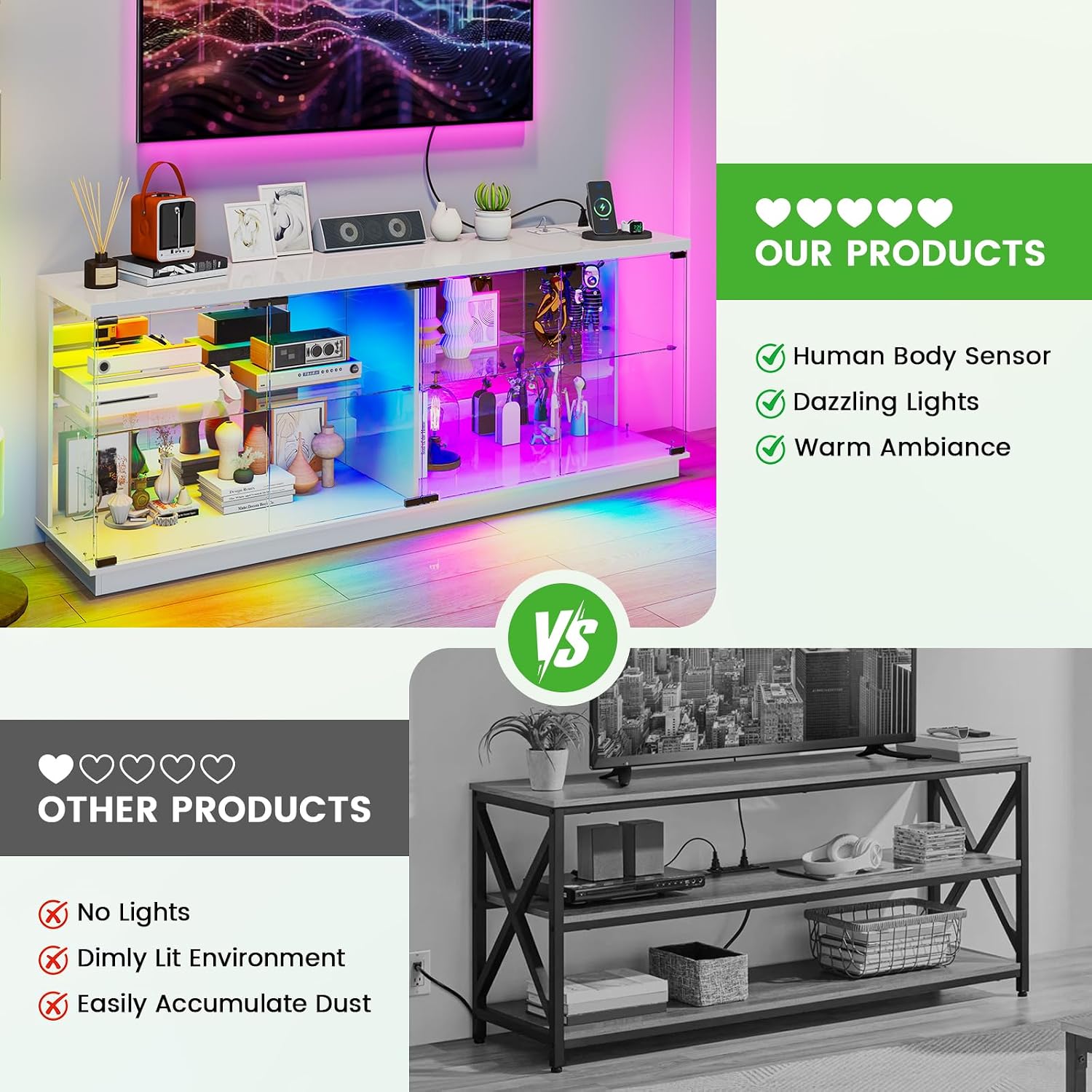 HNEBC 71" Glass TV Stands with Charging Station&Light for Living Room-White | Display Cabinet TV Console with Motion-Senser RGB LED Lights, 2 AC Outlets,USB-C Ports, Entertainment center with Doors