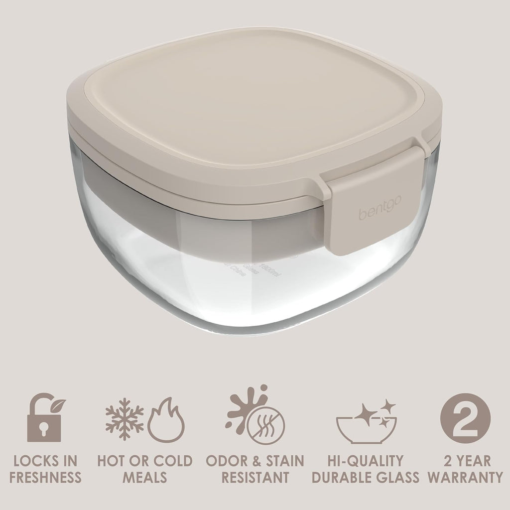 Bentgo Glass All-in-One Salad Container - Large 61-oz Salad Bowl with Lid, 4-Compartment Bento-Style Tray, 3-oz Sauce Container, & Reusable Fork - Dishwasher, Microwave, & Oven Safe (White Stone Tan)