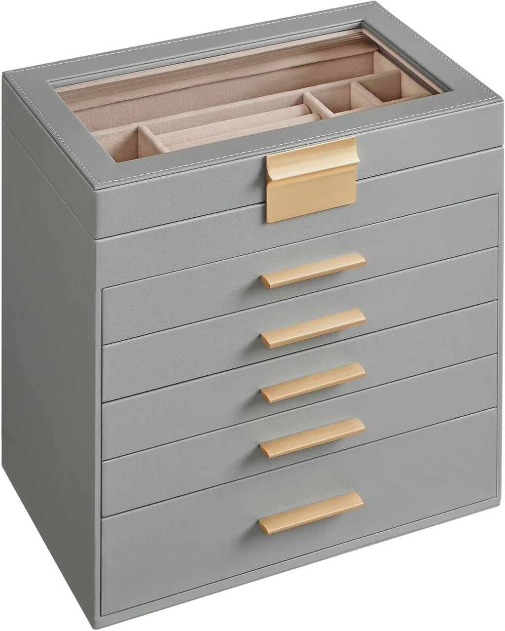 SONGMICS Jewelry Box Organizer with Glass Lid, 6-Layer Jewelry Storage, with 5 Drawers, Modern Style, Christmas Gift, 6.4 x 9.9 x 11.4 Inches, Dove Gray and Gold Color UJBC171G01