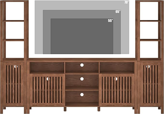 Farmhouse TV Stand for 70 inch TVs, Entertainment Center with Bookshelves - 4 Door Media Console with Adjustable Shelves, Storage Cabinet for Living Room Bedroom Home Theater, Rustic Brown