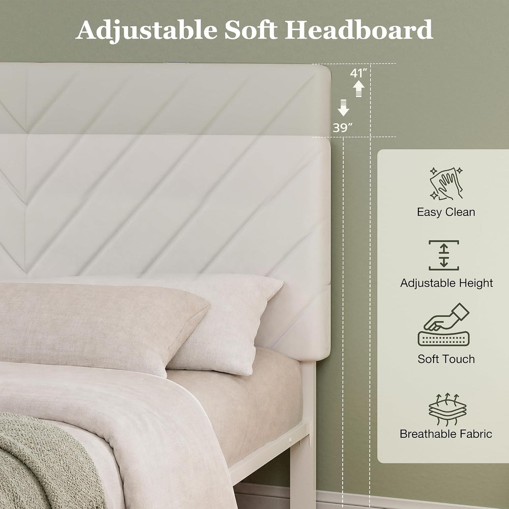 Queen Bed Frame with 2 Storage Drawers, White Velvet Upholstered